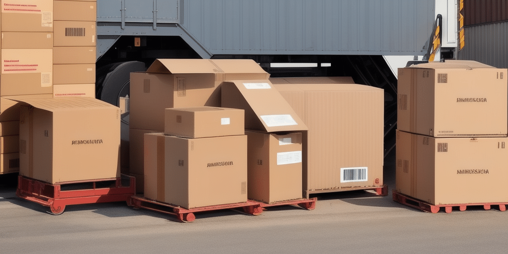 Stacks of large cardboard boxes on red wheeled pallets are positioned near the back of a gray cargo truck. Some boxes are open, revealing empty interiors, while others are sealed and labeled with barcodes, ready for dispatch. The scene suggests a UPS WorldShip delivery context.