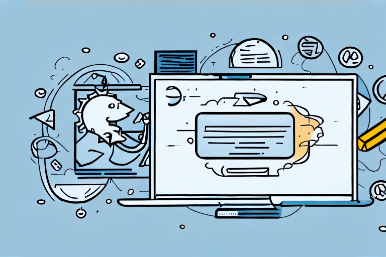 An illustration of a person at a computer surrounded by floating documents, charts, and symbols highlights productivity in a digital environment. The blue backdrop sets the scene as they explore how to delete tasks efficiently while navigating systems like UPS Worldship.