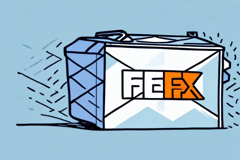 An illustration of a stylized parcel featuring a white-and-orange label reminiscent of FE FX on the side. Outlined in dark lines against a light blue background, the piece embodies an energetic vibe, hinting at themes such as avoiding FedEx fees for an undeliverable package.