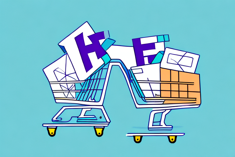 Two overlapping shopping carts, reminiscent of a Wix Shopping Cart, are filled with large stylized letters and surrounded by packages. The background is a solid light blue. The image has a playful and abstract design with bold colors, cleverly incorporating elements of modern e-commerce.