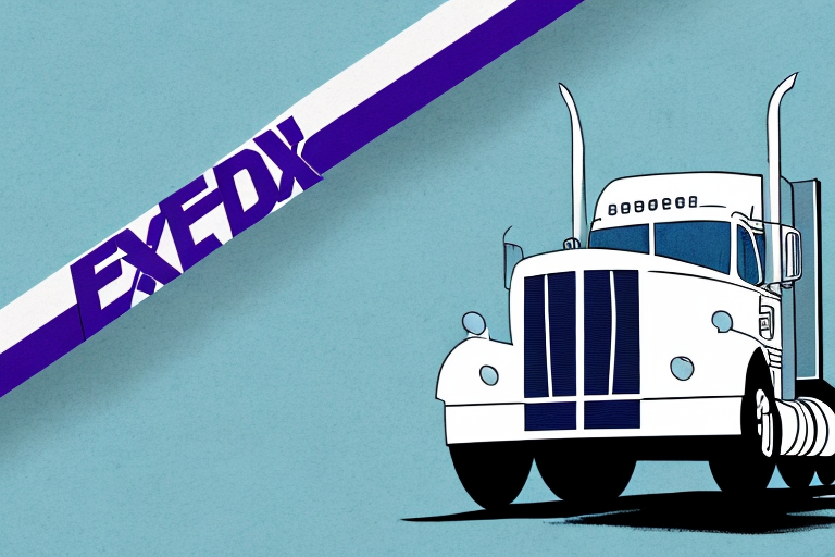 Stylized illustration of a large white semi-truck on a light blue background. A diagonal stripe with the word EXEDX in bold purple letters crosses the top left corner, capturing the essence of efficient shipping akin to FedEx’s renowned services.