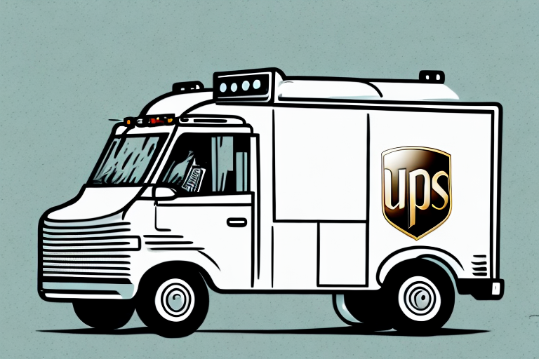 Illustration of a white delivery truck with the UPS logo on the side. The truck, ready for MCM Shipping, features distinctive lights on top and a drivers side mirror, set against a light blue, textured background.