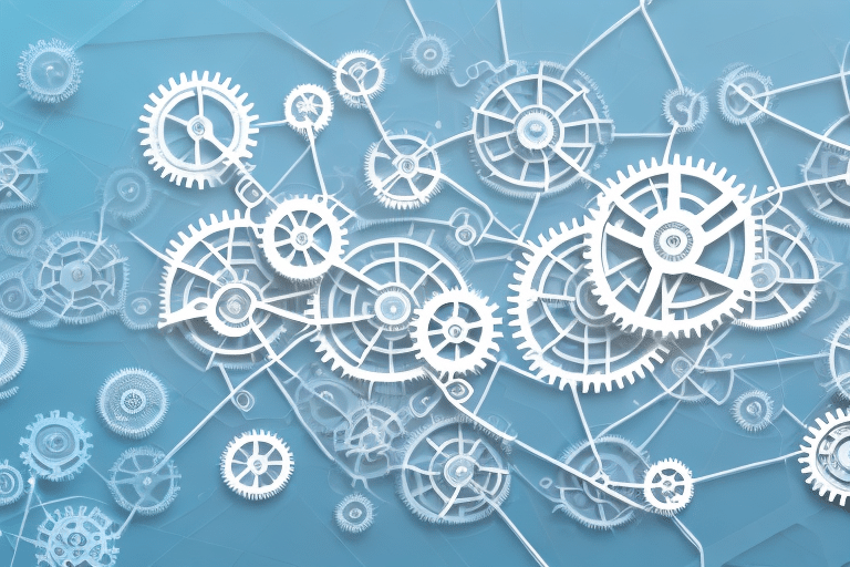 An intricate network of interconnected gears and cogs in various sizes, layered over a blue gradient background. This mechanical design suggests motion and complexity, akin to the role of operational optimization, set in a digital illustration style.