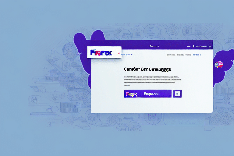 A digital graphic featuring a website mockup on a blue background, reminiscent of FedEx Ship Manager. The design includes text areas for shipping instructions and logo placements in purple and blue hues, with abstract shapes and icons faintly visible in the backdrop.