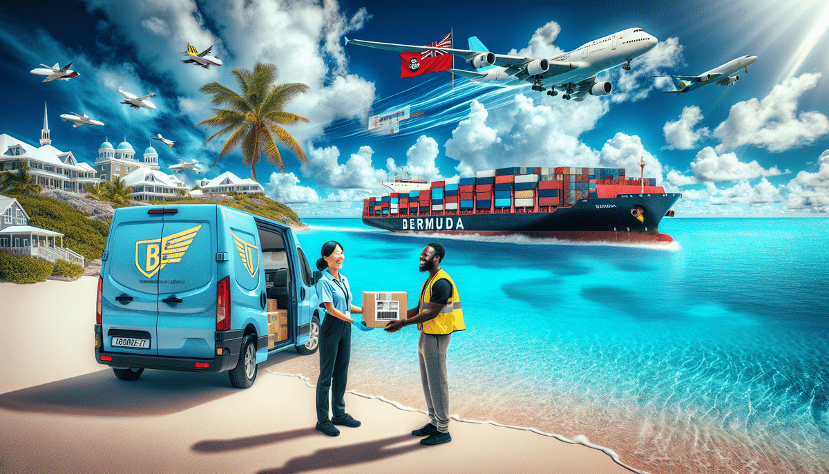 A picturesque scene unfolds with a delivery van on a sandy beach. A diligent worker, mindful of UPS shipping rates, hands a package to a recipient. In the distance, a ship labeled Bermuda sails by, as airplanes soar across the blue sky. Palm trees and white buildings complete the view.