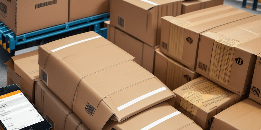 Stacks of sealed cardboard boxes are organized on blue shelving units in a warehouse setting. One box is partially open, and a person holding a smartphone is visible in the corner of the image, using UPS WorldShip to create a shipment seamlessly.