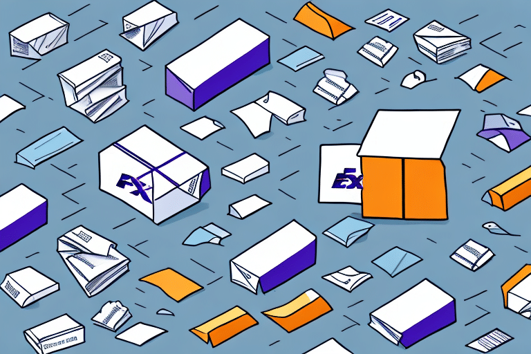 A variety of boxes and envelopes with FedEx branding are scattered across a blue background, resembling the appearance of a busy courier service. The illustration dynamically captures the essence of FedEx Ship Manager, conveying motion and activity in handling shipments efficiently.