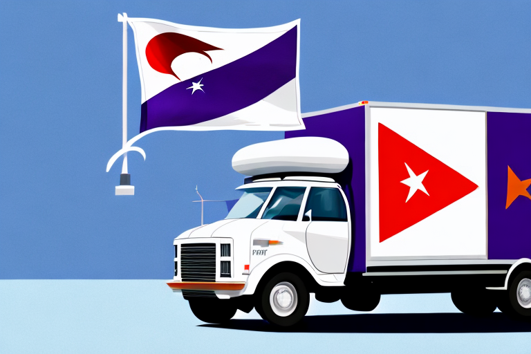 A stylized illustration of a white delivery truck with purple, red, and star patterns rolls under a clear blue sky. A flag with similar vibrant designs flutters from the truck, reminiscent of Turkeys lively markets. The scene captures the spirit of dynamic shipping adventures.