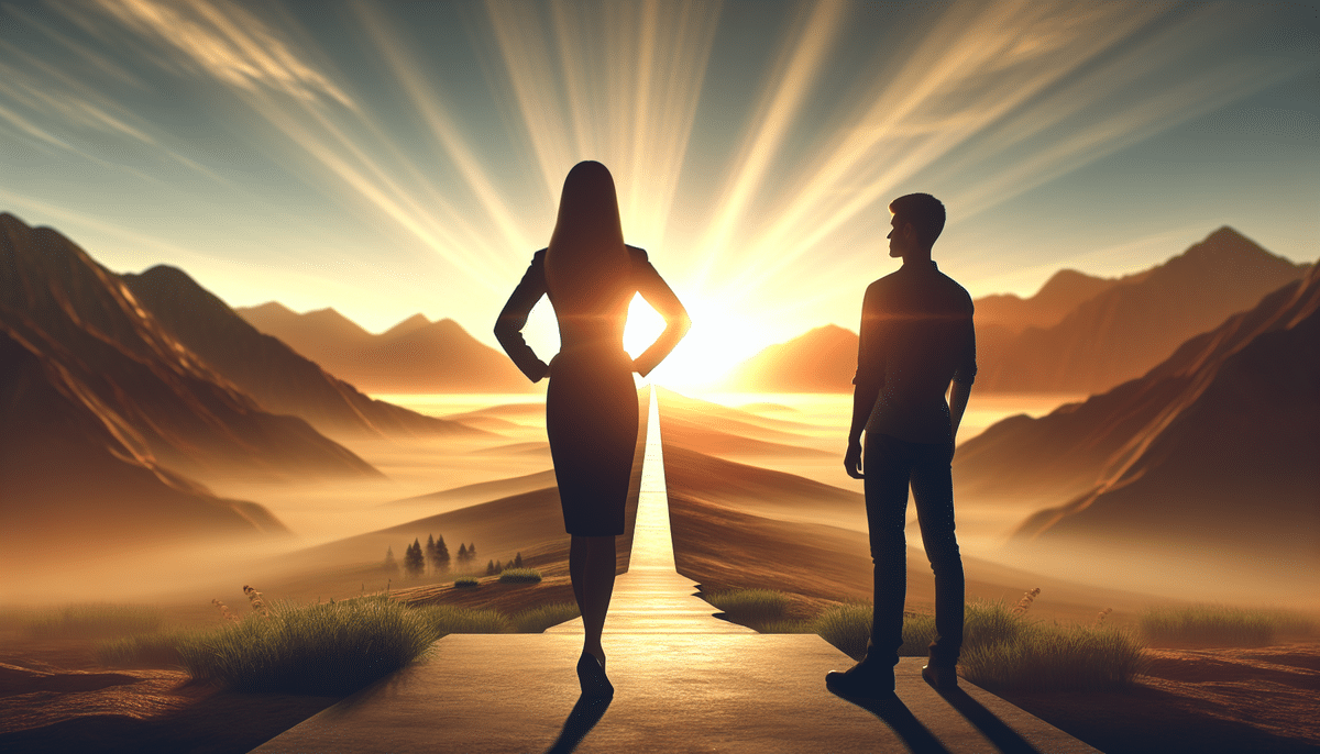Two people stand heroically on a path, overlooking a breathtaking sunrise between mountain ranges. The sky is filled with radiant beams of light, creating a serene and inspiring atmosphere as they prepare to achieve their goals.