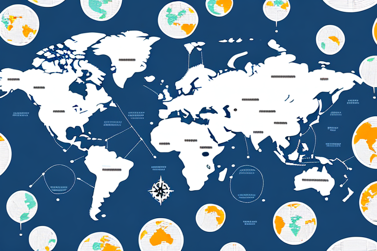 A stylized world map on a blue background features circular close-ups of continents with orange highlights, illustrating shipping routes. A compass rose is overlaid on the ocean, and dotted lines connect locations, marking significant points like an O.B. Shipping Point.