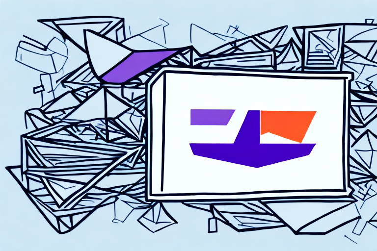 Abstract shapes overlap in a chaotic dance around a central white rectangle adorned with geometric patterns in purple, orange, and blue. The light blue background echoes the precision of FedEx deliveries, ensuring each element aligns perfectly within its vibrant composition.