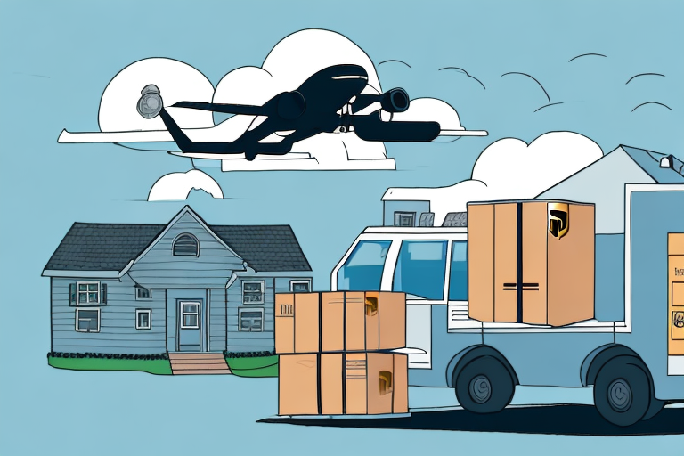 Illustration of a logistics theme with a cargo plane, symbolizing Next Day Air, soaring above a residential suburban house. A delivery truck loaded with stacked cardboard boxes is parked beside the house. The clear sky features a few scattered clouds, emphasizing swift and efficient delivery.