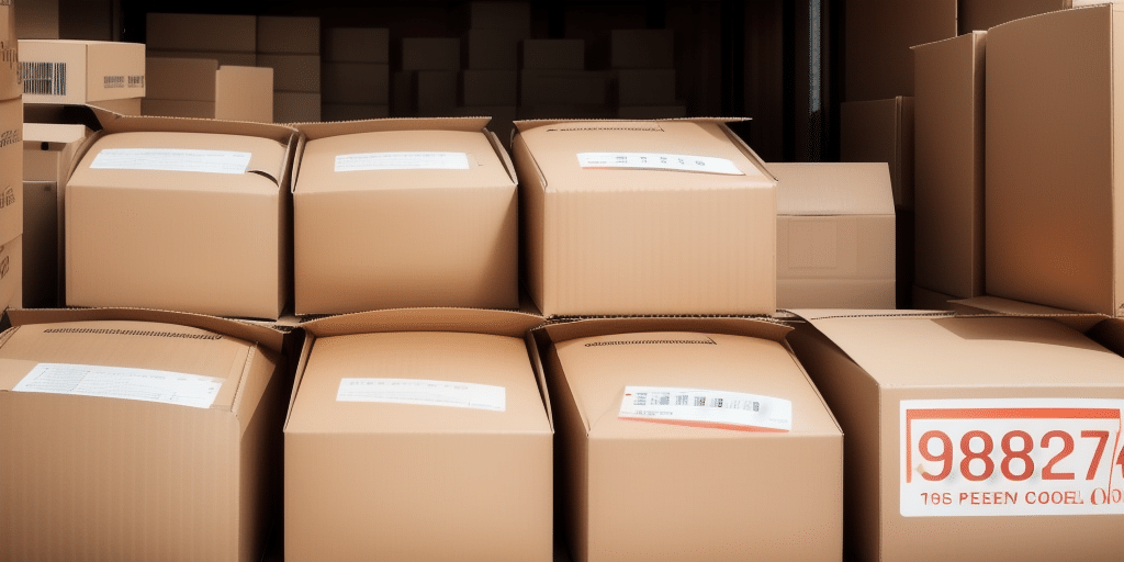 A stack of large cardboard boxes, essential for e-commerce operations, is tightly packed in a storage space. Each box displays printed barcodes and numbers to help measure inventory efficiently.