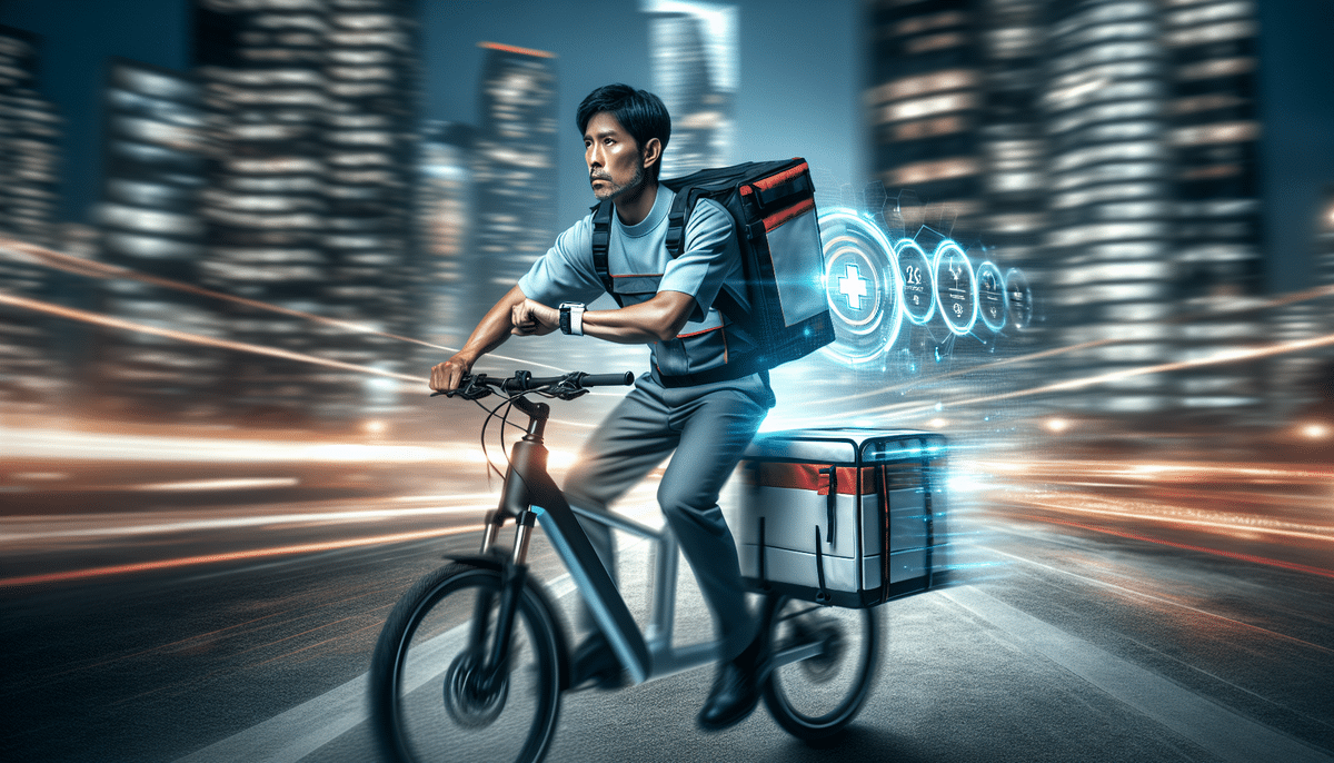 A man wearing medical gear rides a bike through the city at night, embodying the swift efficiency of a medical courier service. Digital health icons hover beside him, while bright, blurred city lights suggest speed and motion, as if racing to meet crucial courier rates.