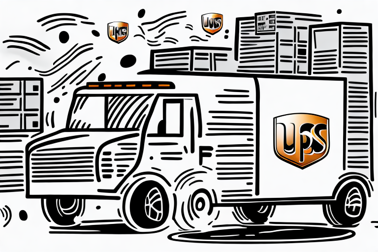 Illustration of a stylized UPS delivery truck with company logos, surrounded by abstract lines and patterns representing motion and speed. The truck is depicted with stacks of boxes on the building behind it, embodying UPSs understanding and commitment to reliable insurance coverage.