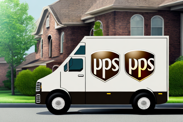 A delivery van with the logo pps on the side, parked on a suburban street. The vehicle is white with brown accents—a quiet moment before potentially being caught up in UPS delivery errors or delivering to the wrong address. In the background, theres a brick house with large windows and landscaped greenery.