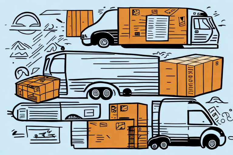 An illustration of various delivery trucks and vans with parcels showcases the nuances of commercial shipping. The vehicles, depicted in orange and white, are surrounded by delivery-related icons like boxes and arrows, set against a light blue background, hinting at UPS commercial shipping rates.