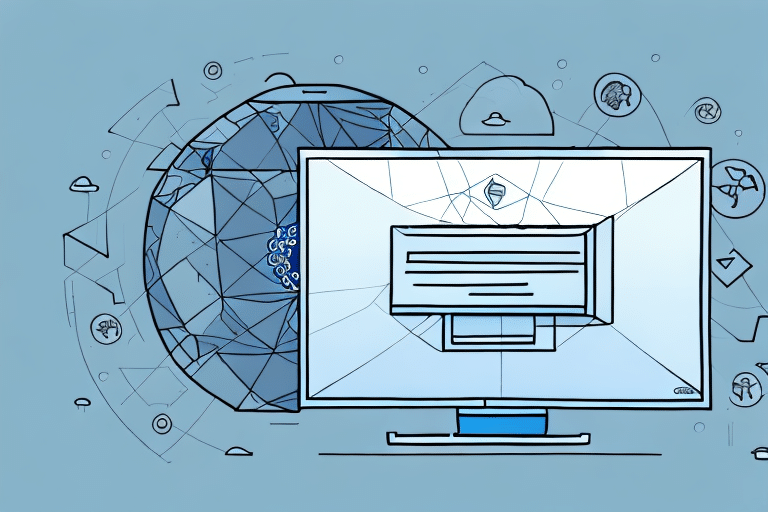 An illustration of a computer screen displaying digital content on Windows 10, surrounded by a geometric globe. Various tech-related icons orbit the globe, representing cloud computing and global connectivity against a blue background.