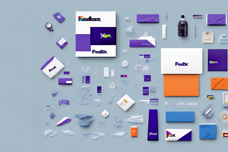 An array of FedEx-branded packaging materials, including envelopes, boxes, and labels with varying label sizes, displayed on a light blue background. Several items proudly feature the FedEx logo in various formats, ideal for use with the FedEx Ship Manager.
