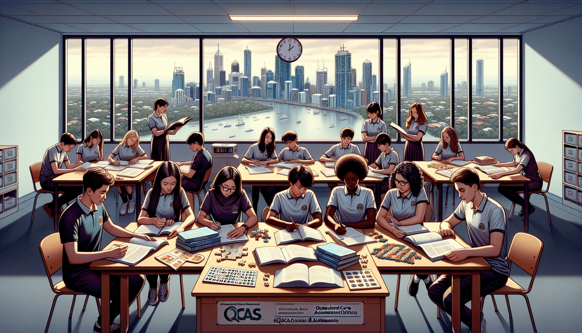 A diverse group of students in a classroom with large windows showcasing a city skyline engages in study activities around tables filled with books and educational materials, preparing diligently for the Queensland Core Skills Test.