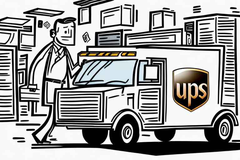 Cartoon illustration of a man in a suit holding an envelope, approaching a UPS delivery truck in a busy urban setting. Amidst the simplified buildings and boxes, he pauses to address the signature requirement for his UPS SurePost delivery, adding to the bustling atmosphere.