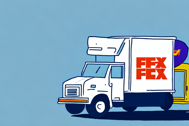 Illustration of a delivery truck against a blue background. The truck features a stylized logo with variations of the letters FFX and FEX in red on its side, reminiscent of the efficient and reliable service one expects from FedEx Ship Manager.