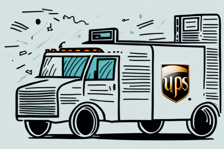 Illustration of a UPS delivery truck in a hand-drawn style, showcasing a large cab and prominent wheels with the iconic brown and gold logo. Decorative lines and shapes fill the background, subtly hinting at the seamless UPS claim process for when things don’t go as planned.