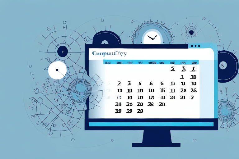 An abstract digital calendar displayed on a computer screen illustrates days and dates for multiple weeks, seamlessly integrating futuristic elements with clock and technology motifs in various blue shades. Learn how to effortlessly change the date, enhancing your scheduling precision.