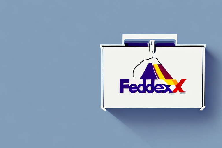 A FedEx box with a logo featuring a coat hanger and multicolored arrow symbolizes FedEx Shipping. It rests on a light blue background, casting a shadow, conveying an understanding of seamless delivery.