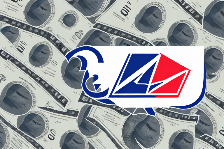 A logo combining red, blue, and white geometric shapes featuring a stylized rams head overlays a grayscale backdrop of scattered 10-dollar bills. This striking design subtly hints at themes like USPS insurance cost, highlighting the value and security in package delivery.
