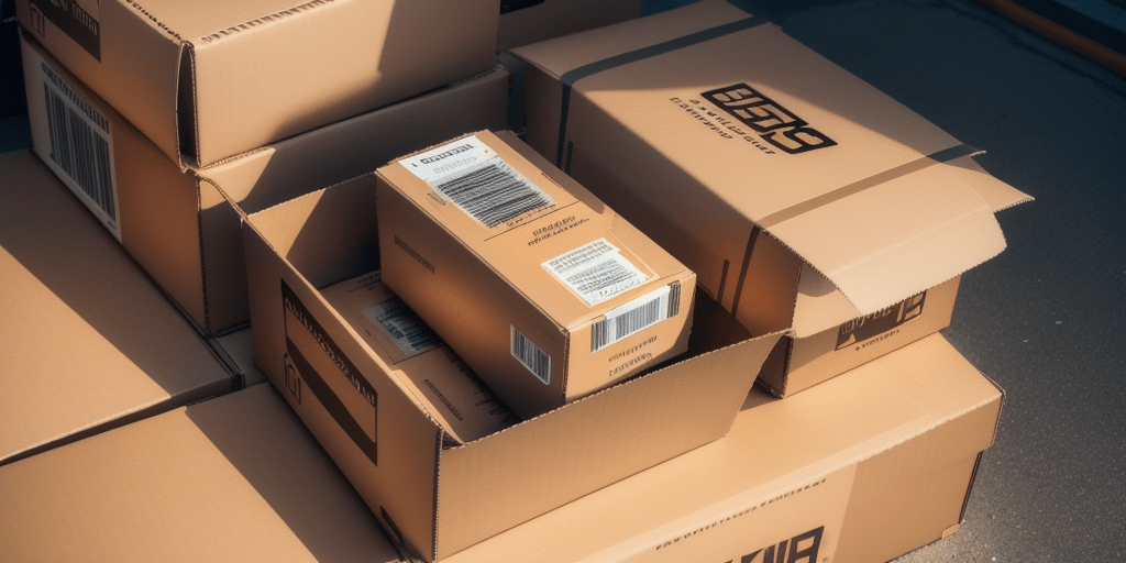 Stacks of open and closed cardboard boxes, marked with UPS shipping labels and barcodes, are arranged on a smooth surface. Sunlight casts shadows, highlighting the texture of the boxes as they connect to a network of optimized logistics.