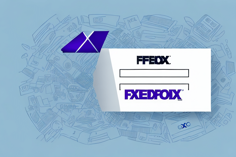A stylized illustration of a password entry box, featuring the text FFEFOX and FXEDFOX in bold letters. The background is light blue with assorted doodles, including hints of FedEx Ship Manager icons, electronic devices, and graphs intertwined with PDF format elements.