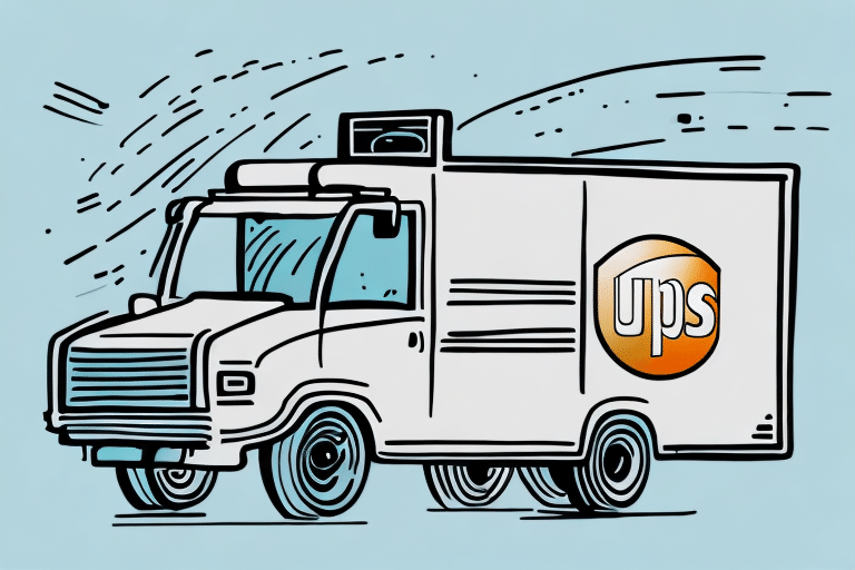Illustration of a white delivery truck with the UPS logo on the side, cruising through a light blue background. Stylized lines suggest motion, hinting at a world where even with an added UPS delivery area surcharge, timely deliveries are still made.