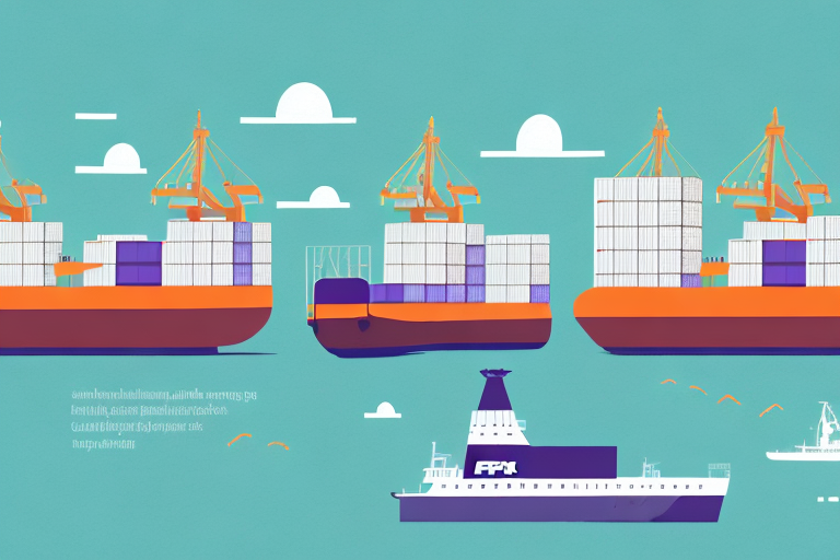Illustration of three large cargo ships loaded with containers on blue water, viewed from the side. A smaller ferry with FPR on its side is in the foreground, highlighting competitive bulk shipping rates. Seagulls fly nearby, while fluffy clouds dot the teal sky.