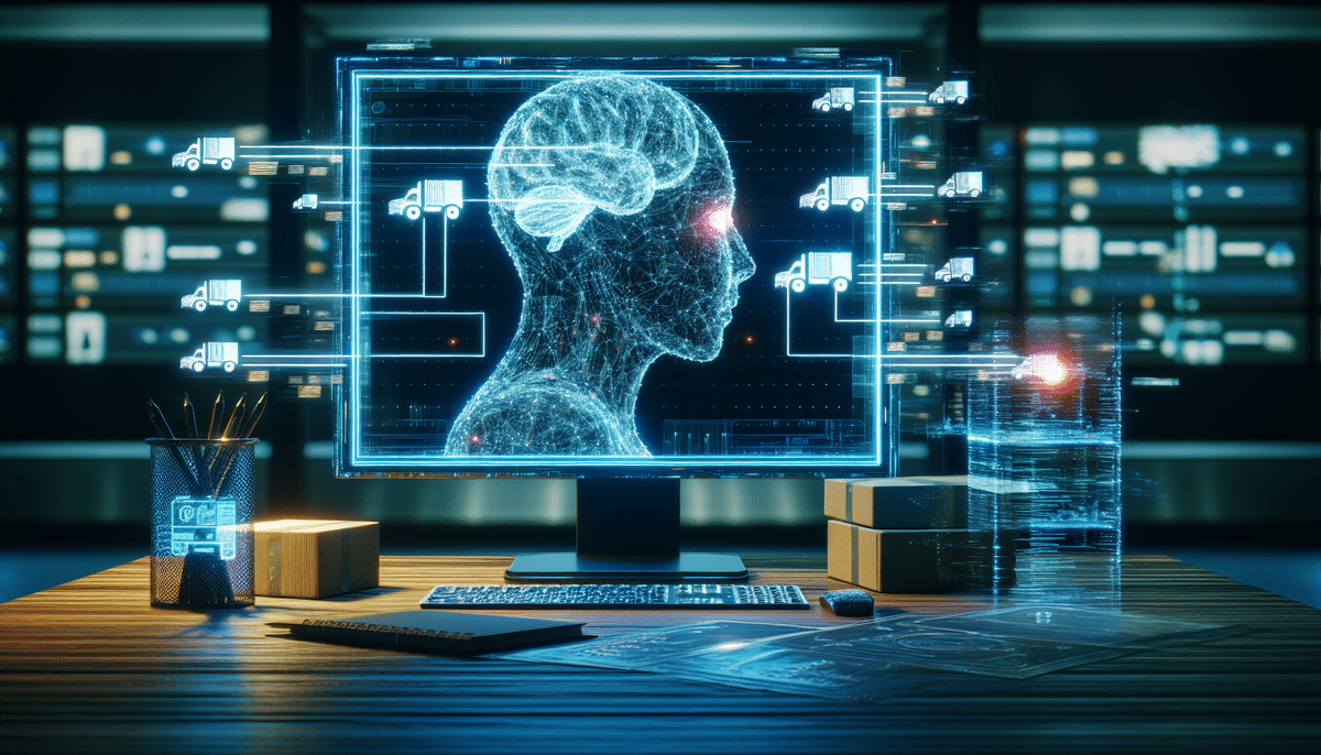 A digital illustration features a computer screen on a desk, displaying a futuristic interface with a human brain overlay. Trucks connected to the head symbolize advanced AI, reflecting connectivity akin to FedEx Ship Manager. Office supplies are neatly arranged on the desk.