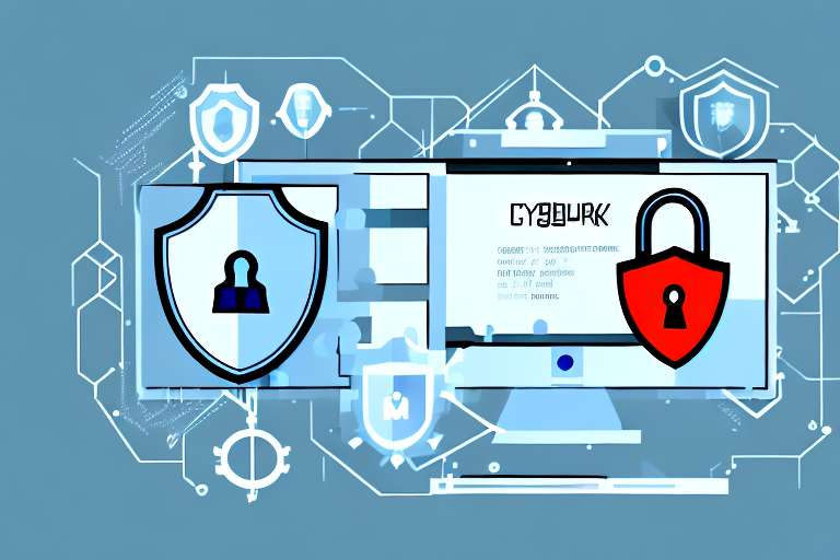 A digital illustration of a computer screen displays a cybersecurity theme, urging you to Protect Yourself. It features a blue shield with a lock icon on the left and a red padlock on the right, set against a backdrop of circuit lines and shield icons, echoing tales of cybersecurity breaches.