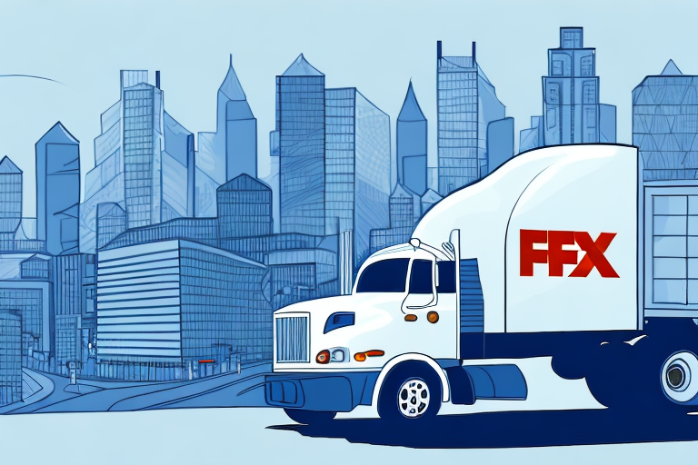 An illustration of a white truck with the red letters FFX on its side, driving through an urban scene with tall, modern buildings. Ensuring recipient location security, the cityscape glows under clear skies in varying shades of blue.