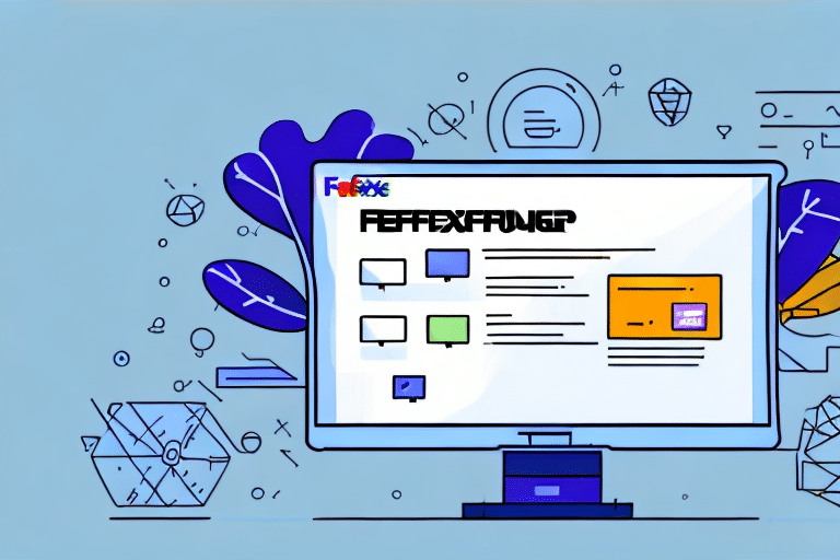 A computer monitor displaying a stylized web page with abstract shapes and colored icons against a blue background. Various geometric elements, digital symbols, and a FedEx Ship Manager interface surround the screen, giving a modern, tech-inspired aesthetic.