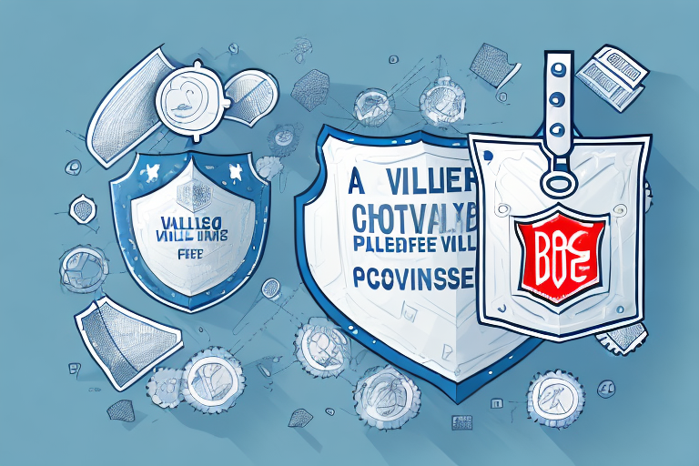 Illustration of three comic-style shields with abstract symbols and text on a blue background. Surrounded by gears and mechanical elements, it exudes a whimsical, futuristic vibe. The largest shield features a red BOE emblem, reminiscent of UPSs Declared Value coverage in protecting whats precious.