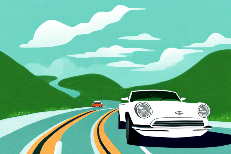 A stylized illustration of a white vintage car driving on a winding road through green hills under a cyan sky, showcasing the benefits of enjoying the open road. Another car is seen in the distance, perhaps on its way to drive-your-own-car jobs.