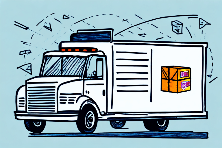 Illustration of a delivery truck with a white body and black-rimmed windshield. The side showcases two colorful boxes and decorative lines suggesting motion, reminiscent of using FedEx Ship Manager against a light blue background.