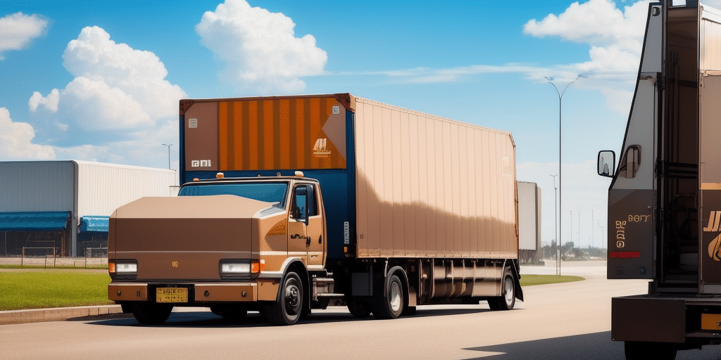 A beige and orange semi-truck with a shipping container, possibly loaded with eBay items, drives along a road. Other trucks are visible, and commercial buildings line the background under a clear blue sky.