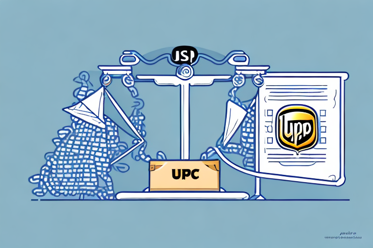 Illustration of a balance scale. One side holds a filled UPC cardboard box, while the other has a document with an insurance label, symbolizing weighing legal and regulatory aspects. Abstract shapes resembling people stand behind, adding depth to the scene.
