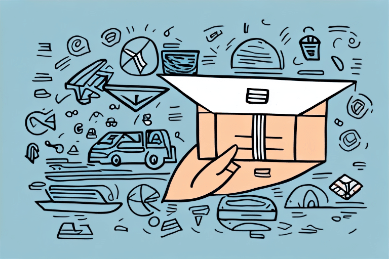 Illustration of a hand holding a cardboard box surrounded by various transportation and delivery icons, including vehicles, airplanes, clocks, and packages. This visual emphasizes effective solutions for logistics challenges to enhance customer satisfaction on a blue background.