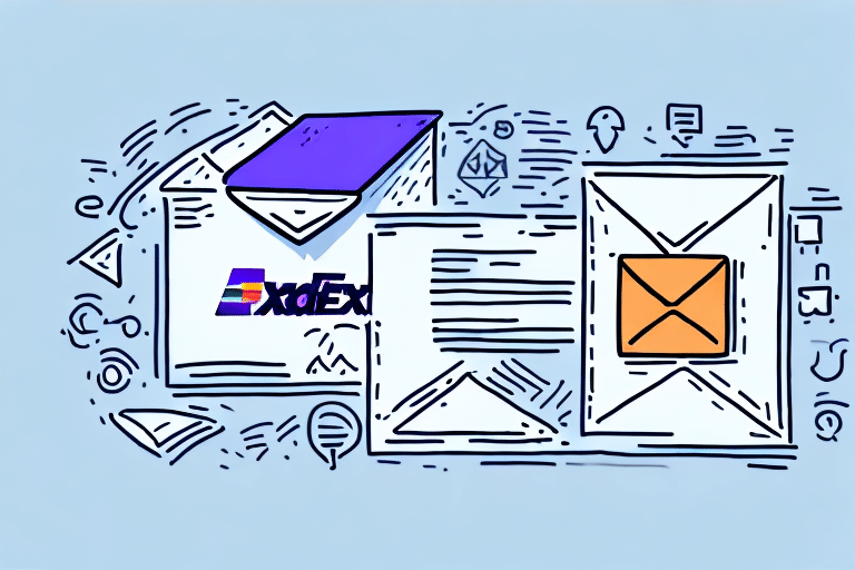 An illustration features envelopes and a package adorned with doodles of stationery on a light blue background. An orange envelope and a package with a purple section suggest themes of communication, much like the ease of use found in FedEx Ship Manager for efficient mailing solutions.