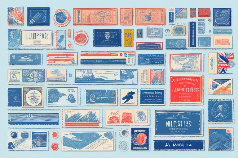 A collection of vintage airmail stickers and labels in various sizes, shapes, and colors, including red, blue, and beige tones. The designs feature airplanes, arrows, and text that offer an understanding of retro travel on a light blue background.