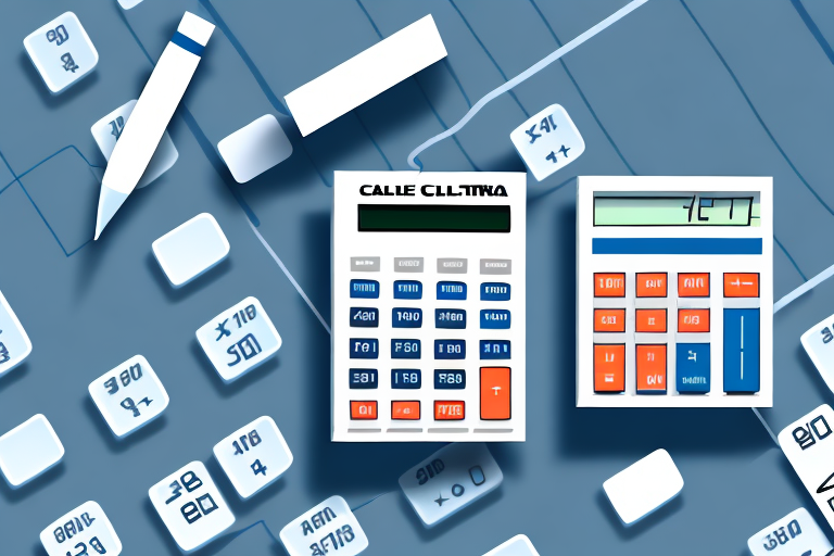 Digital illustration of two calculators on a blue background featuring white numbers and symbols. One calculator has blue and white keys, while the other sports orange and blue. A pen lies nearby amid scattered keys and digits, embodying the essence of precise cost calculation.