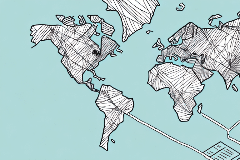 A stylized world map titled WorldShip showcases hand-sketched continents on a light blue background, featuring exaggerated country borders and a playful, artistic design, ideal for those fascinated by tracking UPS inbound shipments in an imaginative way.