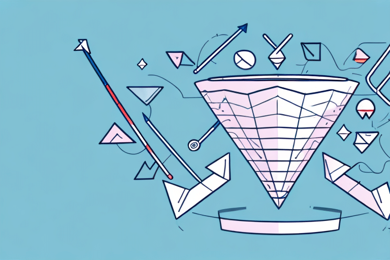 Abstract artwork with geometric shapes against a light blue background. The centerpiece is an inverted funnel intersected by various lines and arrows, symbolizing maximum impact. Pink, blue, and white colors dominate the composition, adding a dynamic and modern feel.