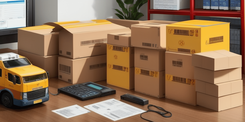 A desk with several stacked cardboard boxes, a toy delivery truck, a tablet, documents, and a small electronic device sits near a monitor displaying UPS Worldship logistics interface. In the background, shelves filled with files support efficient database management and troubleshooting.